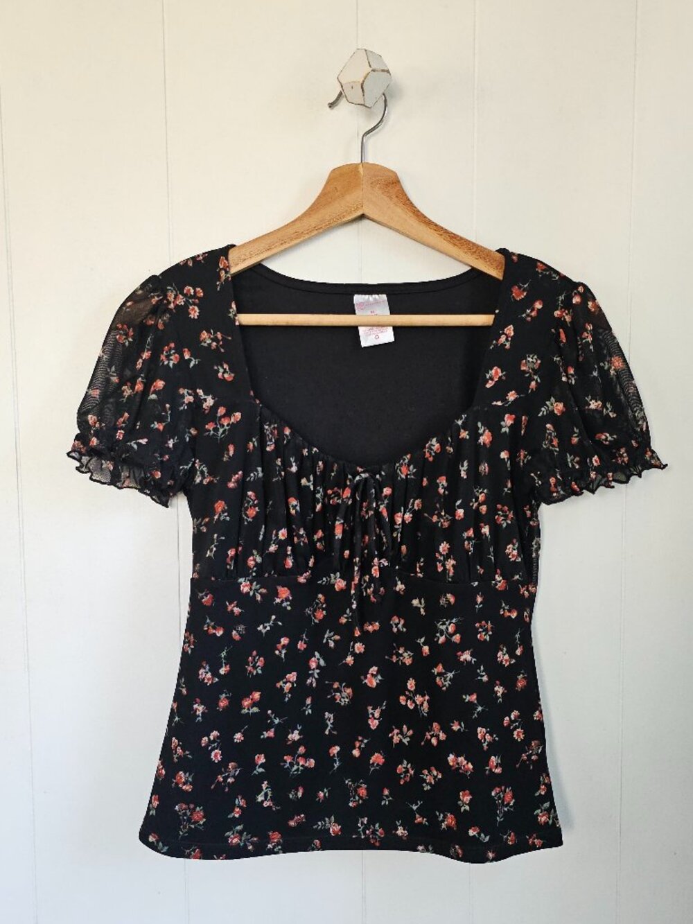 Black Floral Sheer Puff Sleeve Top